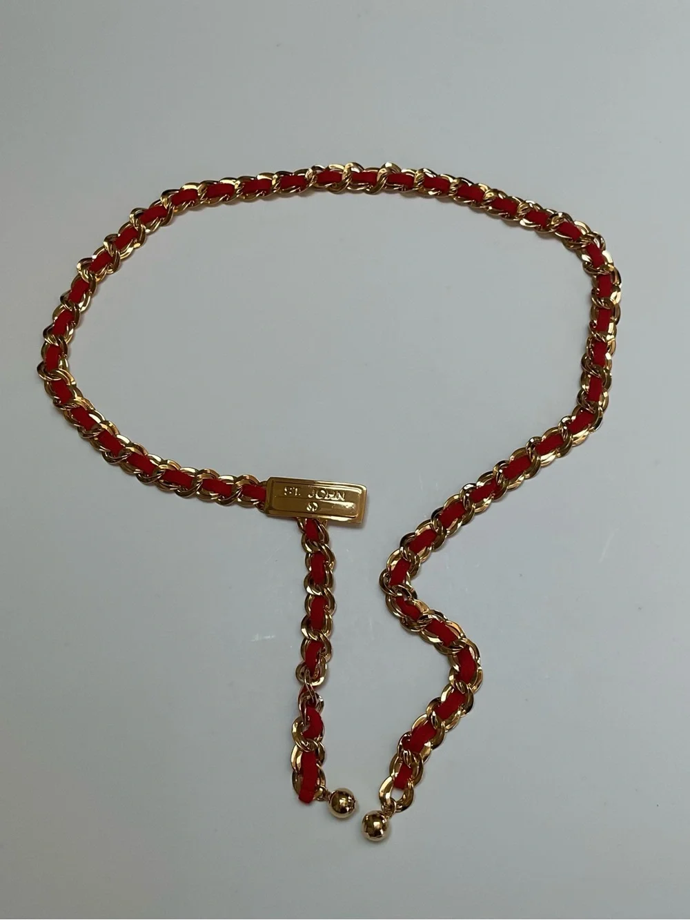 St. John Red and Gold Adjustable Braided Chain Belt with Logo Plate
